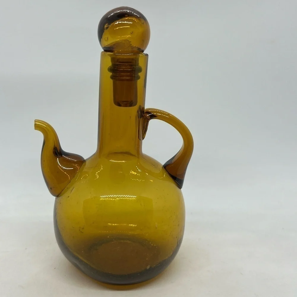 Vintage MCM Amber Handblown Glass Cruet & Stopper